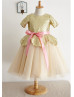 Gold Sequin Champagne Tulle Short Sleeves Tea Length Flower Girl Dress 